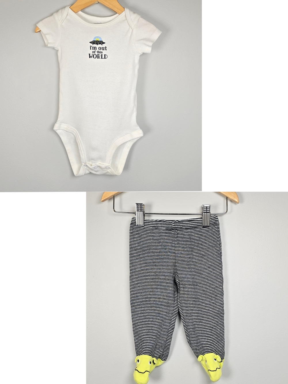 Kids White Bodysuit and Black-Striped Footed Pants Yellow Footies Cotton Alien